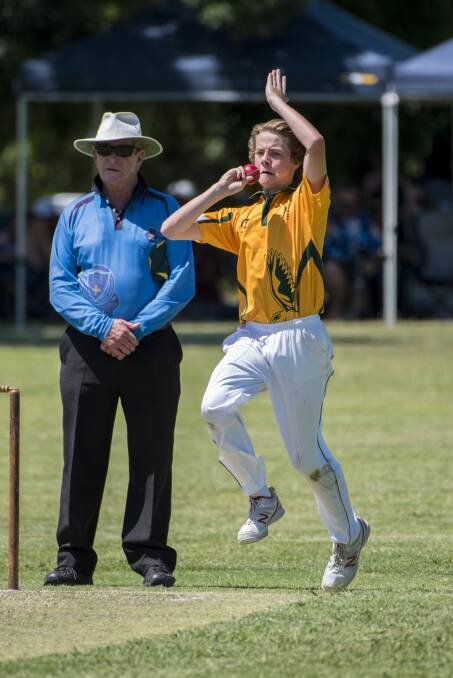 Moving along: Hawkesbury's Luke Brian in full flight during the under-14 cricket carnival in Tamworth. Photo: Peter Hardin. 080117PHA285.