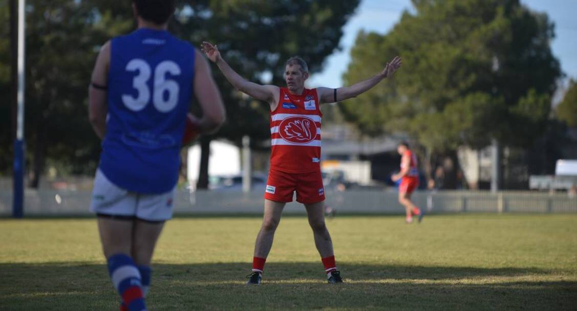 Leading the way: Stephen Fairless kicked three goals and was one of the Tamworth Swans' best in their narrow loss to Inverell Saints on Saturday.