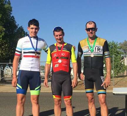 Sprint finish: Tamworth criterium club championship A grade winners (L-R) Luke Deasey (first), Phil Kelaher (second), Fraser Ashford (third). Photo: Tamworth Cycle Club Facebook.