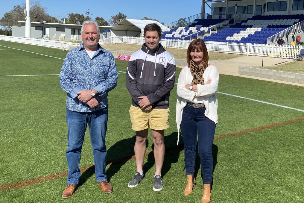 Werris Creek backrower Cody Tickle (middle) with Shay and Jacqueline Brennan as they prepare for an inaugural season in the WEG 9's with the Shay Brennan Construction side.