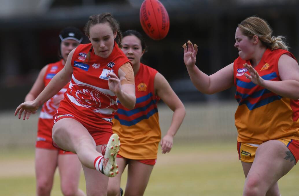 Sarah Pannowitz was one of nine goalkickers for the Tamworth Swans in their big win over the Moree Suns on Saturday, and one of their best. Photo: Gareth Gardner 250720GGB04