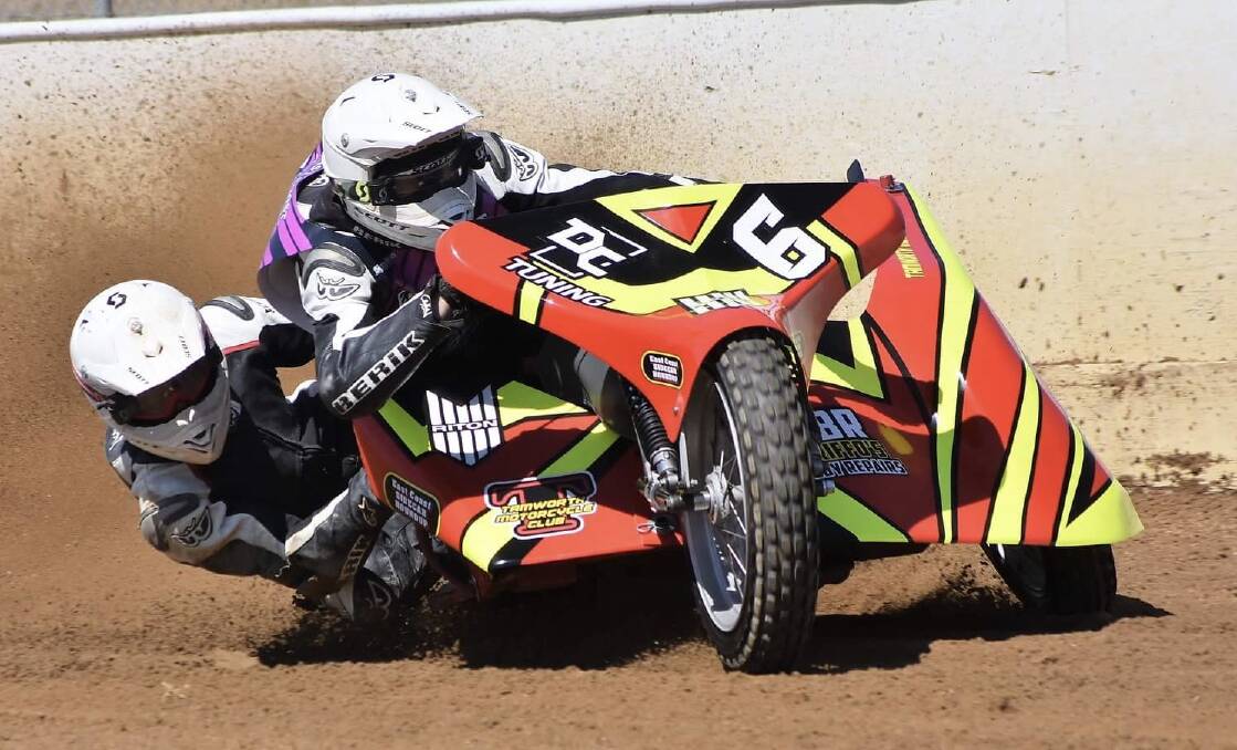 Putting it all on the line: Brad Pitt (handlebars) and Nathan McFadden (passenger), here in action in round one of the East Coast Sidecar Roundup, head into the grand finale at Tamworth as the series leaders. Photo: Col Stratford