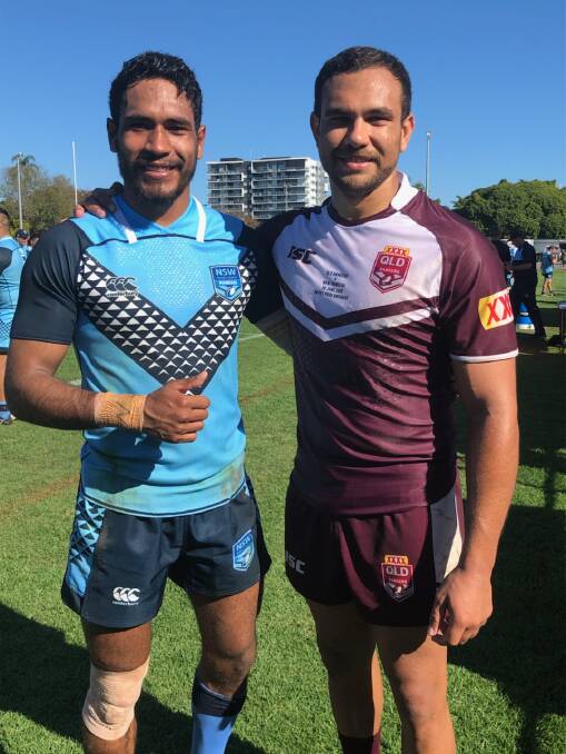 REP STARS: Jarom Haines and Kurt McDonald catching up after the NSW Pioneers defeated the Queensland Rangers. Photo: Lorilie Haines.