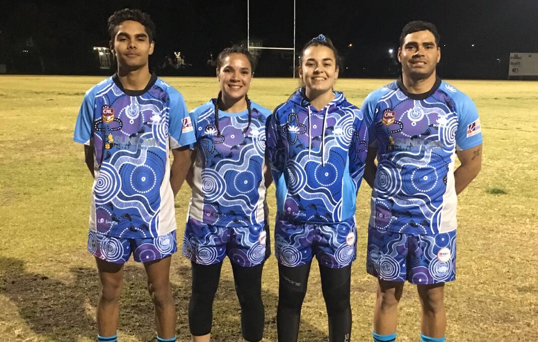 INDIGENOUS ROUND: Boars players Adrian Smith, Stacey McIntosh, Tileah McGrady and Stan Swan donning the Indigenous jerseys designed by league tag coach Lena Smith. Photo: Todd Mitchell.
