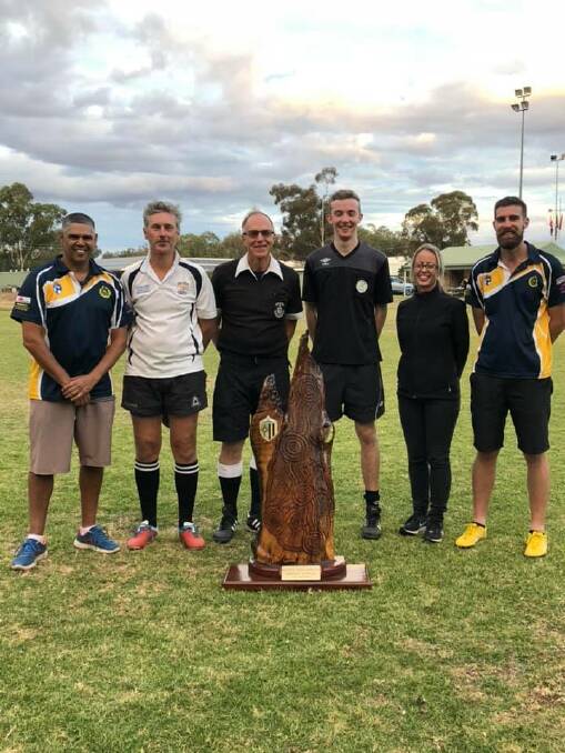 FIRST TIME: Moree Services FC played off for the inaugural NAIDOC Soccer Shield on Saturday, with the club splitting wins on the day. Photo: Moree Services Club Senior Soccer.