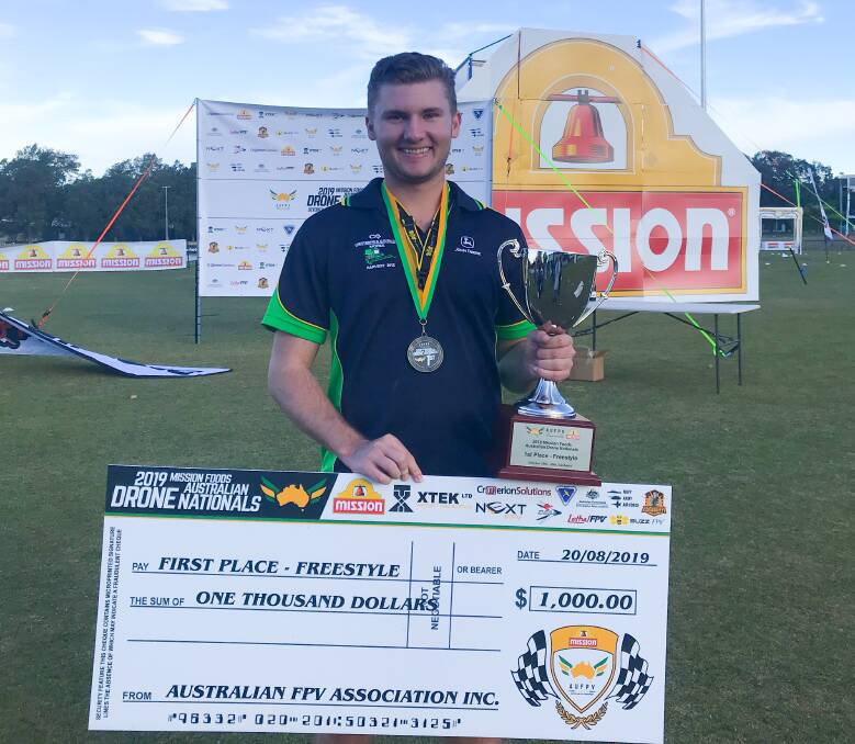 TOP PERFORMER: Heath Whibley celebrates his win at the 2019 Mission Foods Australian Drone Nationals. Photo: supplied.