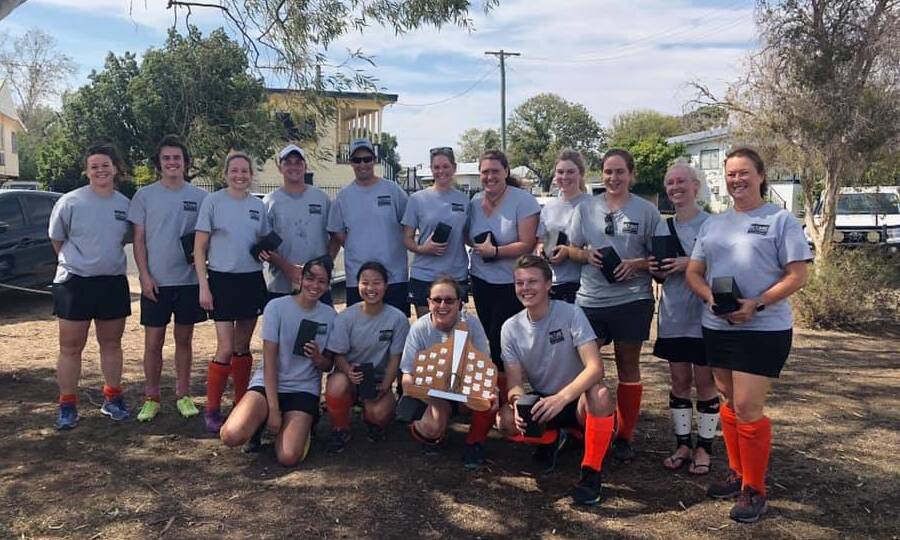 PREMIERS: 2019 Moree Hockey Association champions Dippers celebrate a 3-2 win over C&W in the grand final. Photo: supplied.