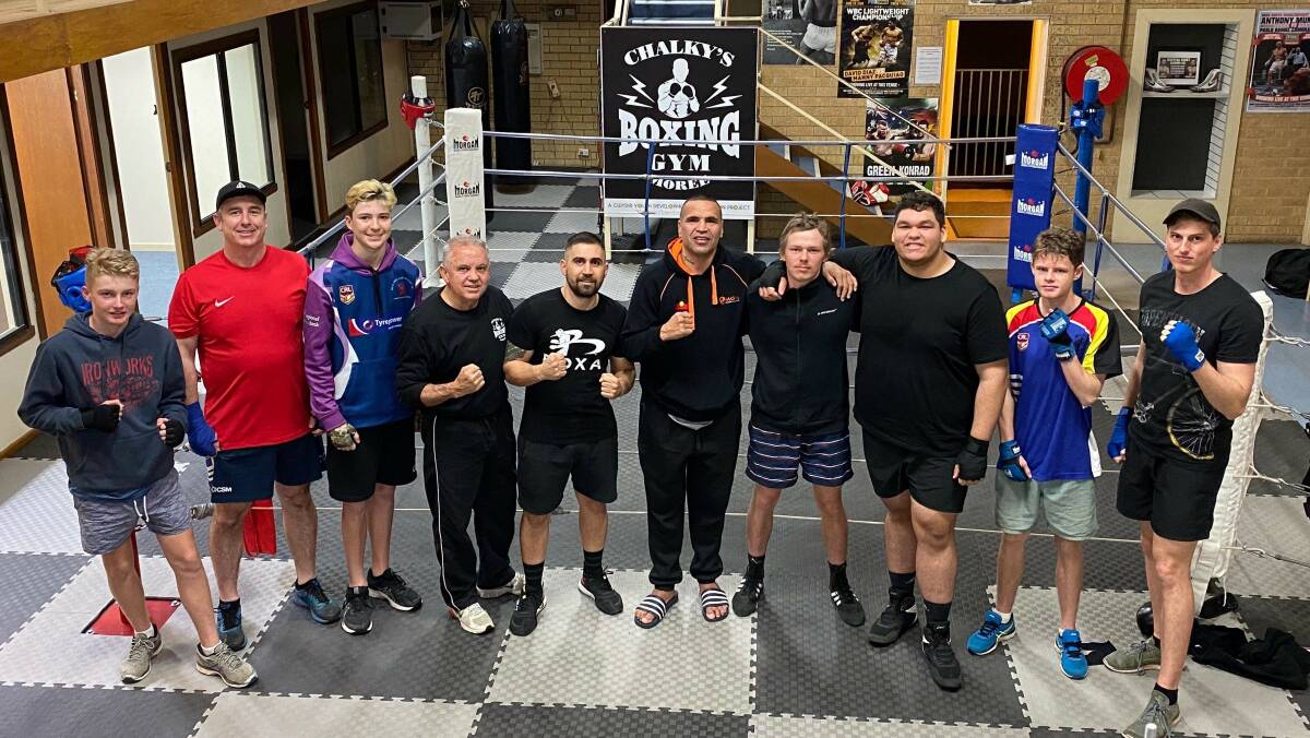 VISIT FROM THE MAN: Anthony Mundine (centre) visited Chalky's Boxing Gym on Friday to share some of his wisdom and experience with Moree's young boxers. Photo: supplied.