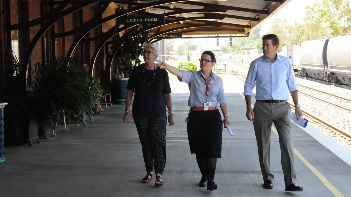 Tamworth MP Kevin Anderson with Gunnedah shire councillor Gae Swain and NSW Train's Karen Neader inspecting the Gunnedah Train Station. Photo: supplied