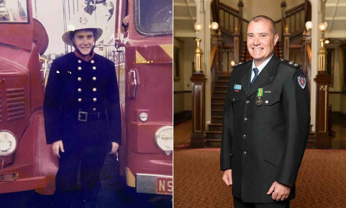 THROWBACK: Shane Bradford back in 1991 as a fresh recruit to Narrabri Fire Station, and Mr Bradford now. Photos: Fire and Rescue NSW Station 399 Narrabri Facebook page