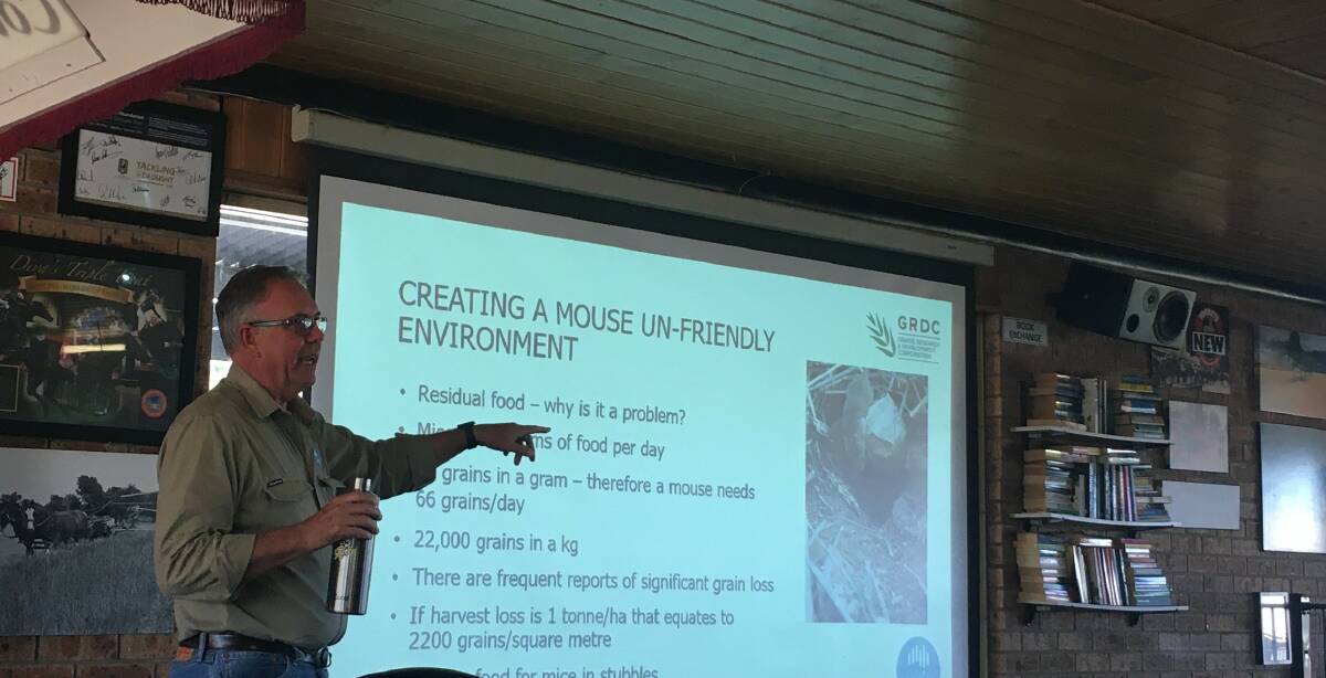 Need for vigilance: CSIRO researcher Steve Henry offers advice to farmers to help them control mouse numbers at a recent workshop in the Orana region. Photo: Contributed