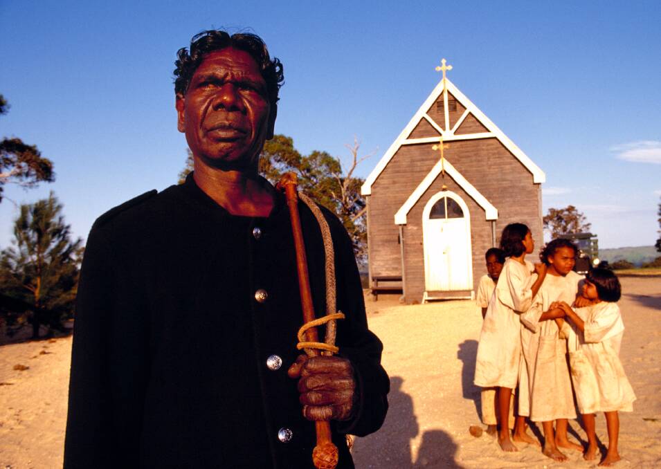 David Gulpilil in Rabbit Proof Fence in front of the church from the movie set that now has its home in Allansford.