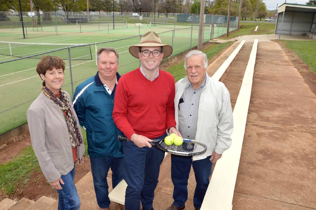 TEAM TENNIS: Glen Innes Tennis Club members Di Morris, Rickie Withers, Northern Tablelands MP Adam Marshall, and President Peter Haselwood at the tennis courts.