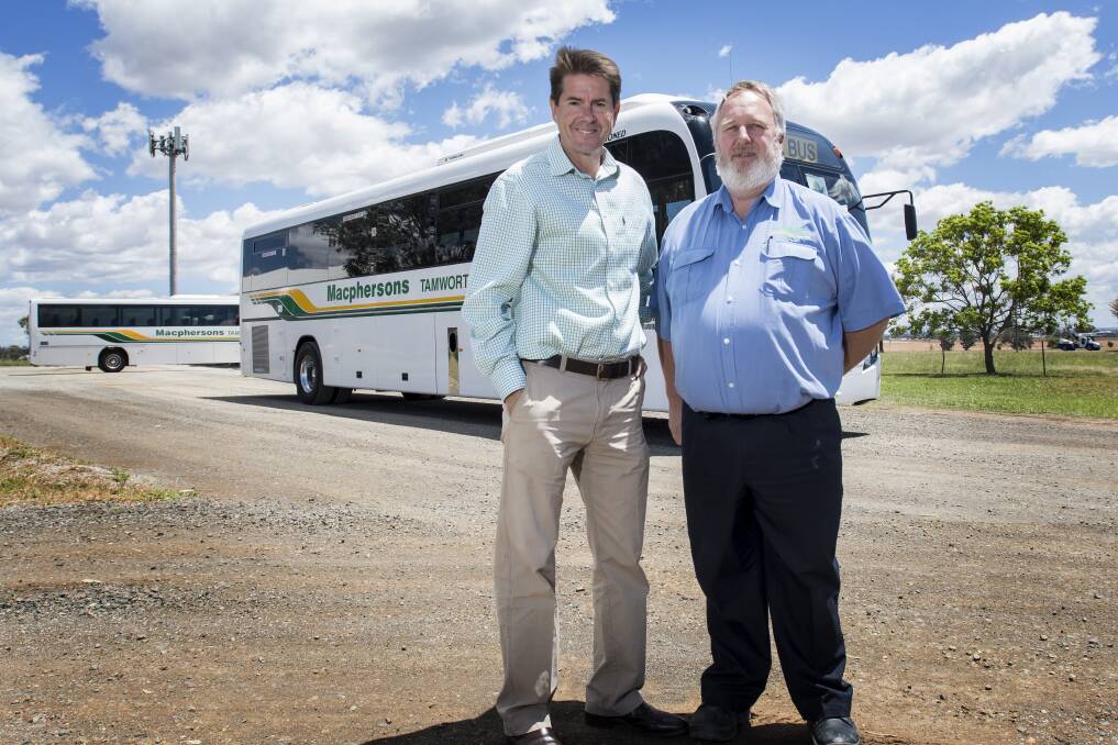 FINAL BOARDING CALL: Tamworth Mp Kevin Anderson and Macpherson's Coaches owner Archie Macpherson at the launch of the program last year. 081118PHB002