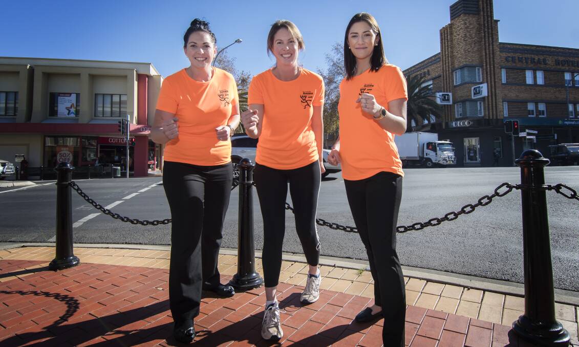 ON YOUR MARKS: Jesse Brown, Kimberley Squires and Micharla Cashman ready to take-on Tamworth's biggest annual foot race. Photo: Peter Hardin 010818PHB038