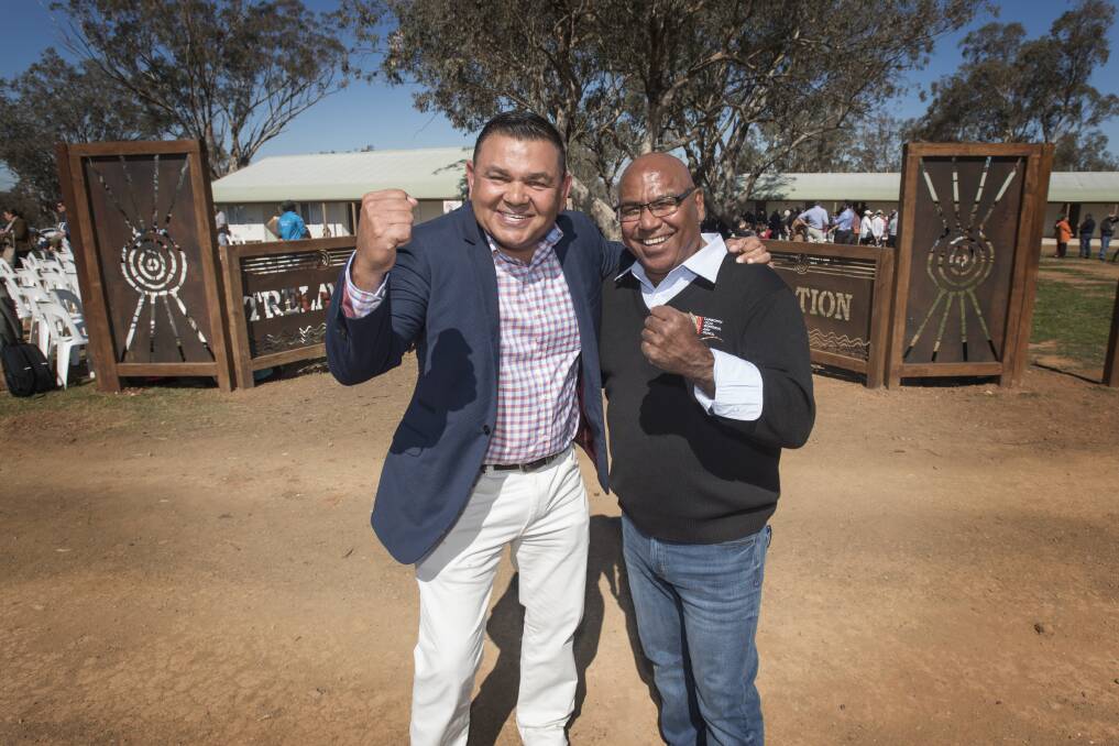 IMPORTANT DAY: Indigenous Land and Sea Corporation director Roy Ah-See with Aboriginal land council chair Harry Cutmore at the Trelawney announcement. Photo: Peter Hardin 140819PHC001