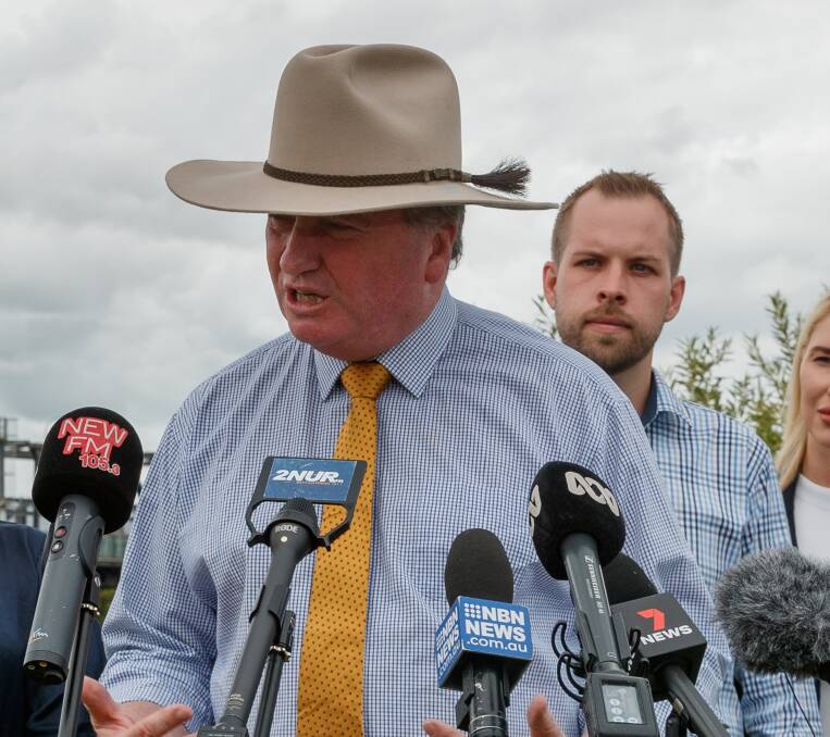 Barnaby Joyce on the campaign trail in Newcastle on Monday. Picture: Max Mason-Hibers