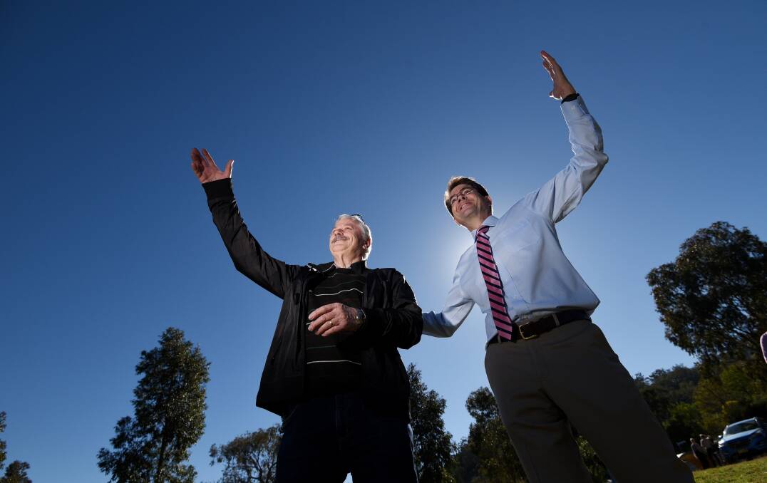 WATCH THIS SPACE: Astronomy club vice-president Garry Copper and Tamworth MP Kevin Anderson at the proposed observatory site. Photo: Gareth Gardner 170817GGB03