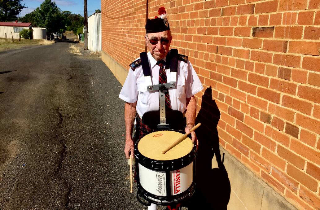 ON THE BEAT: Former Scotsman Jim Davidson, 86, has drummed with the Manilla Caledonian Pipe Band since 1949 when he formed the group after moving to the small New England town. Photo: Jacob McArthur