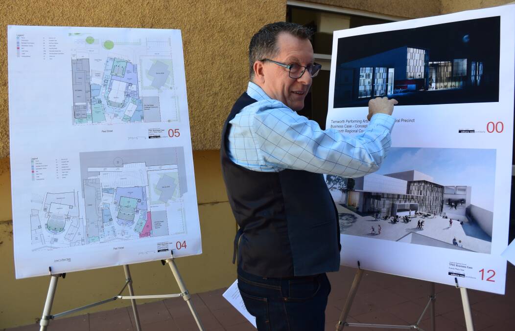 CENTRE STAGE: Tamworth Regional Council entertainment venues manager Peter Ross with the concept design of the future centre. Photo: Carolyn Millet
