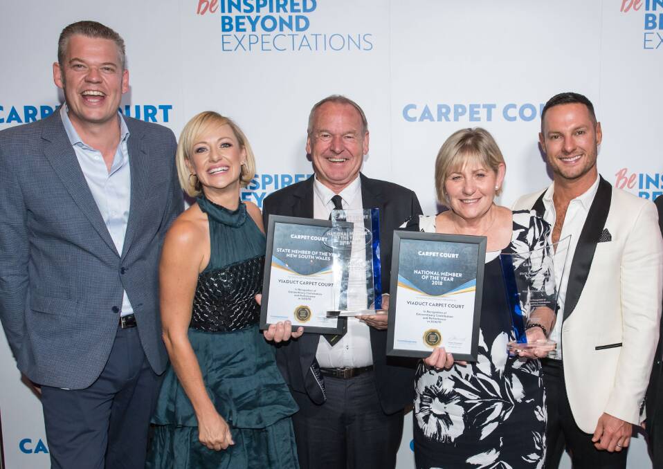 RED CARPET GLITZ: Carpet Court CEO James Hayward, Shelley Craft, Carpet Court Viaduct owners, Kelvin and Julie Collyer, and Darren Palmer. Photo: Supplied