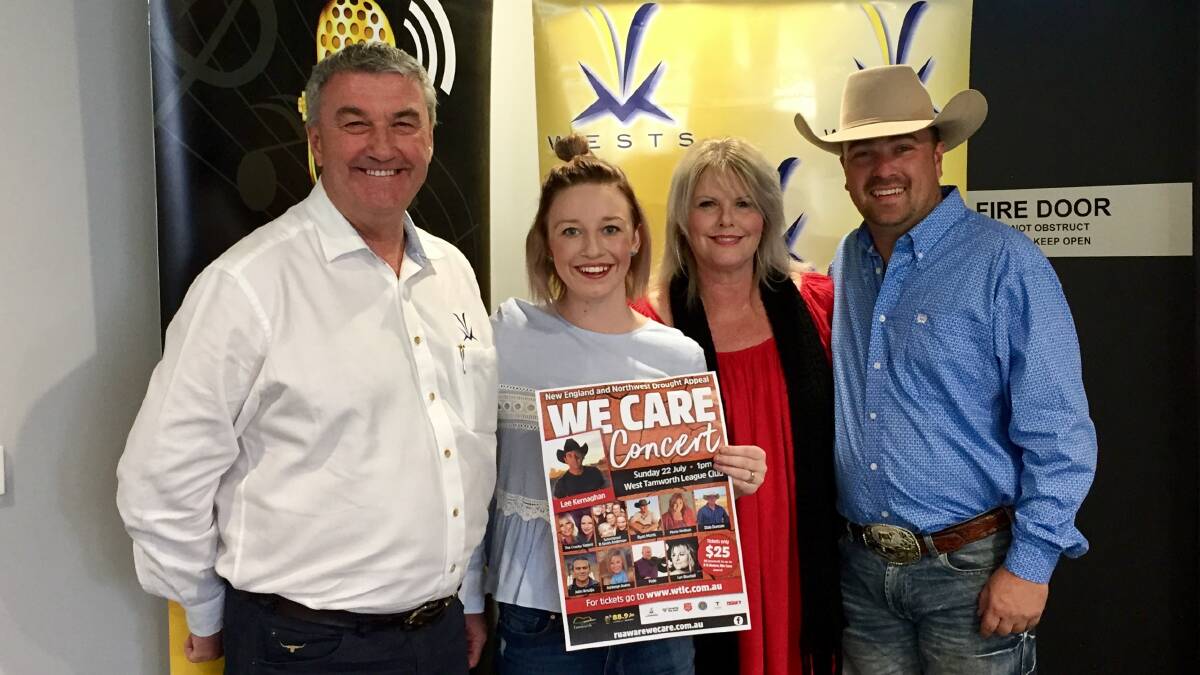DROUGHT DRIVE: Rod Laing, Ashleigh Dallas, Jodie Crosby and Ryan Morris at Wednesday's announcement of the We Care Concert. Photo: Jacob McArthur