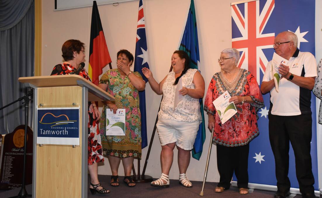 SHOCKED: Christine Walters (second from left) was named Tamworth's citizen of the year at a ceremony on Australia Day. Photo: Peter Hardin 260120PHA205