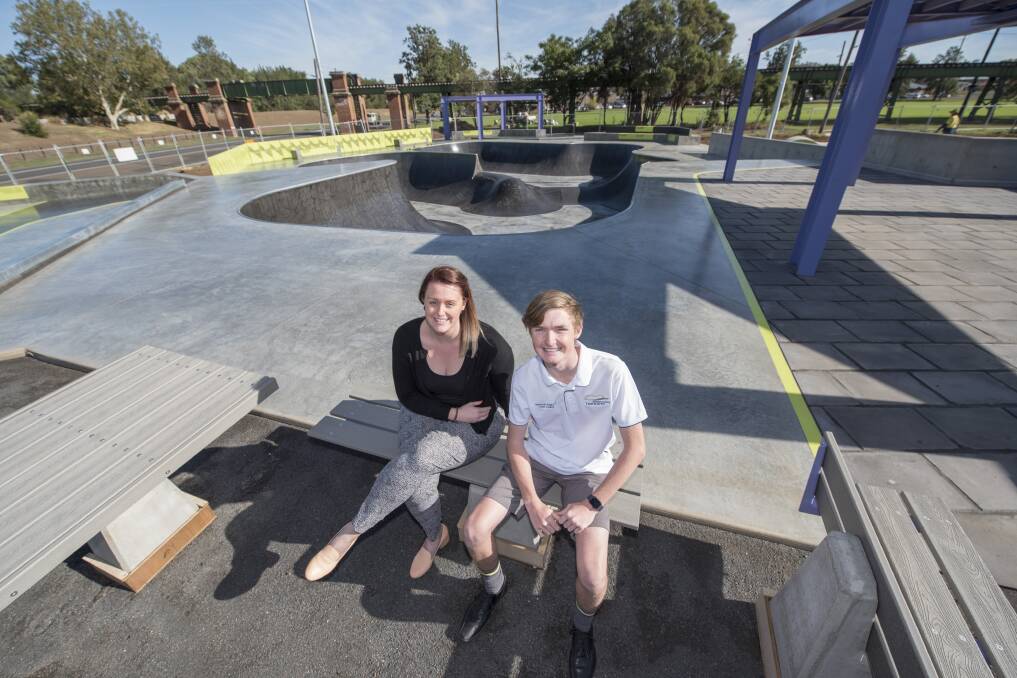RADICAL PLANS: Council's Kate Allwell and Tamworth youth councillor Oli Keft-Gill at the new Peel Street skate park. Photo: Peter Hardin 010419PHA010