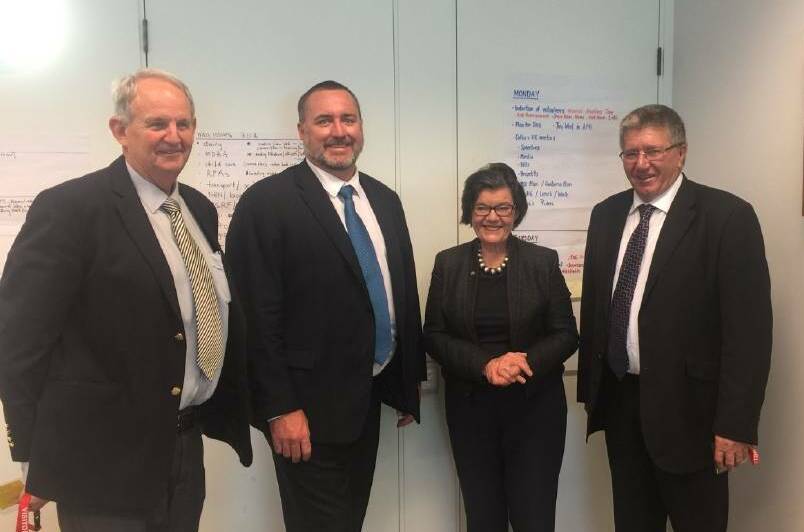 STANDING ASIDE: Col Murray (far right) with Wagga mayor Greg Conkey, Geraldton counterpart Shane Van Styn and independent MP Cathy McGowan. Photo: Supplied