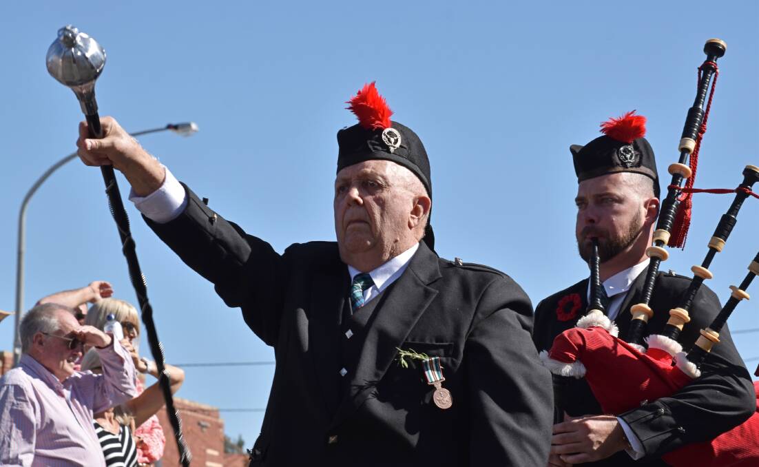 DREAMS COME TRUE: Tamworth man John Black had a bucket list wish granted when he led the city's pipe band in this year's Anzac Day parade. Photo: Ben Jaffrey 20190425BJ15