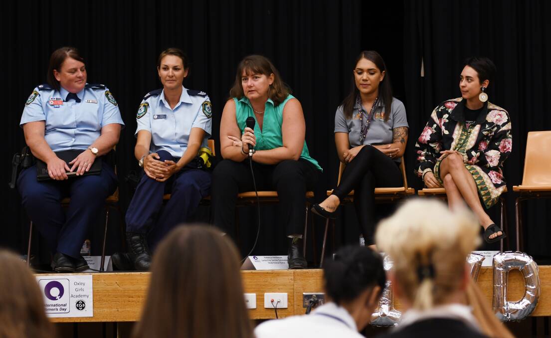 IN CHARGE: Oxley Chief Inspector Kylie Endemi, Sergeant Mel Roberts and Detective Senior Constable Rebecca McKenzie at the Girls Academy with Samantha Duncan and Kelsey Iris. Photo: Gareth Gardner