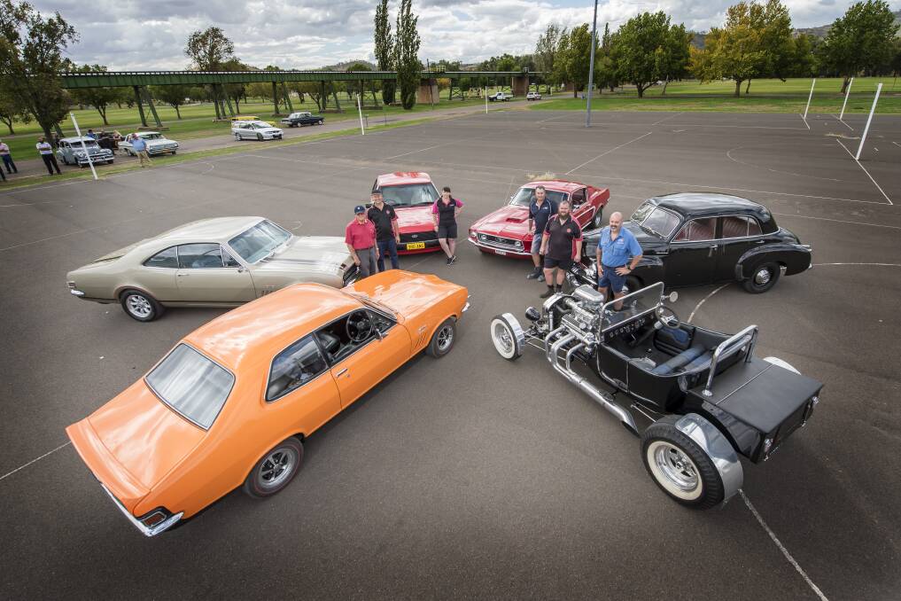ALL REVVED UP: Cars buffs Peter Watson, Jock Hoy, Angela Porter, Angus Maxwell, Shane Gleeson and Dean Tapp rolled out their rides. Photo: Peter Hardin 090419PHB147
