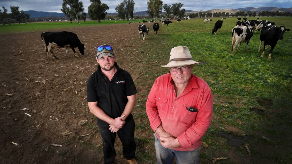 WITNESS THE DIFFERENCE: Dairy farmers Mitchel and Wes Brown showing what difference the water allocations will make to paddocks. Photo: Gareth Gardner 050718GGA001