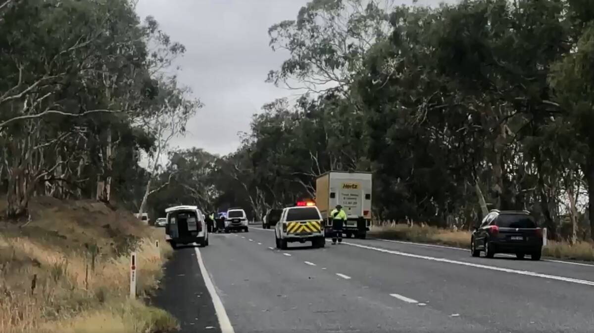 TAKE CARE: Emergency services and RMS remain on the scene after a motorcyclist crashed on the New England Highway on Sunday morning. Photo: Olivia Portell (Twitter)