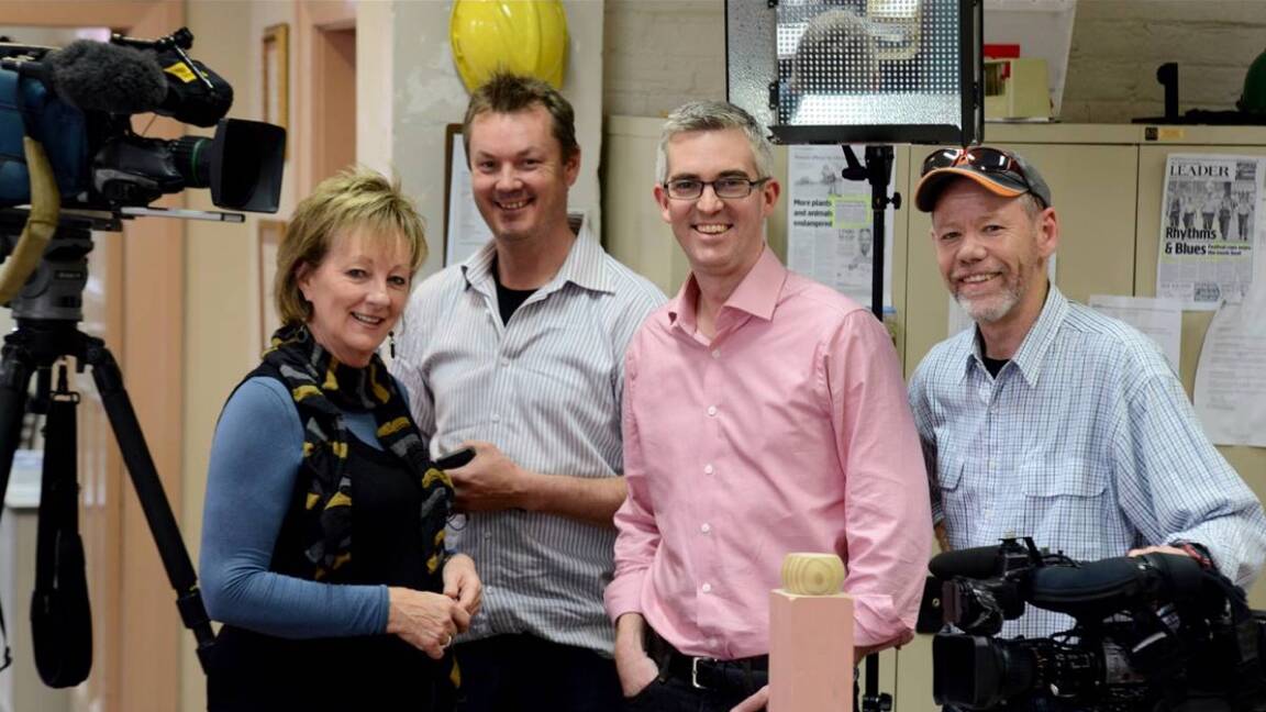 MEDIA WATCH: Ann Newling with Sky News journalist David Speers (second from right) in the old Northern Daily Leader newsroom. 
