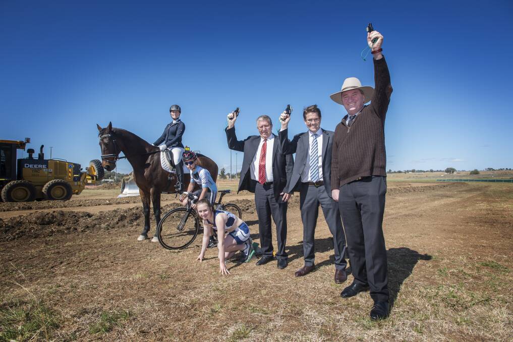 OFF AND RACING: From left: Marjolyn Thomas, Zane Tapp, Bridie Martin, Col Murray, Kevin Anderson and Barnaby Joyce. Photo: Peter Hardin 150917PHB029