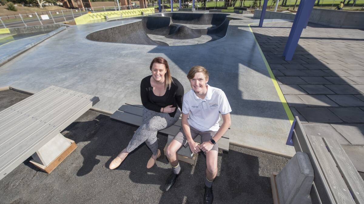 OPENING SOON: TRC's youth services manager Kate Allwell with youth councillor Oliver Keft-Gill ahead the park's grand opening. Photo: Peter Hardin 010419PHA010