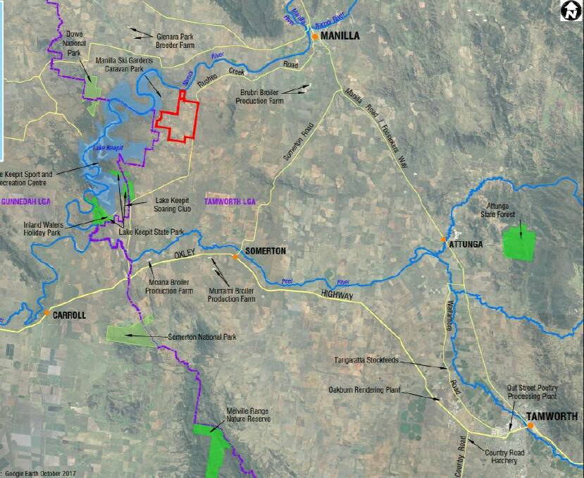RED ZONE: A new chicken farm, outlined in red, has been proposed near Lake Keepit.