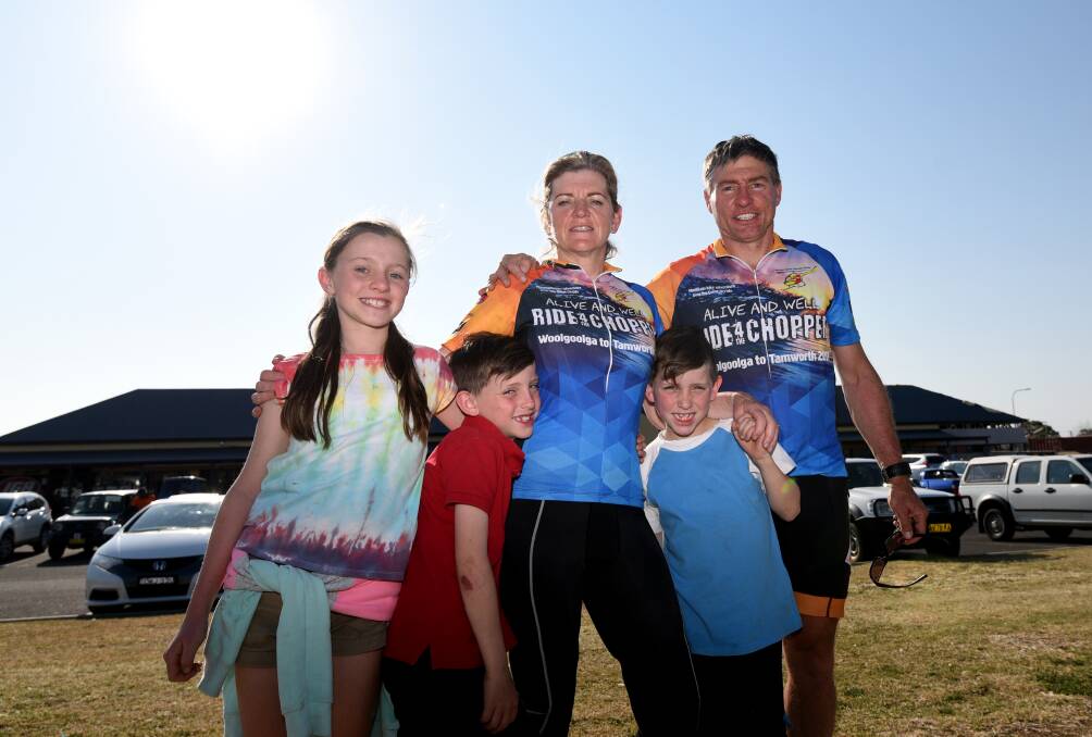 FAMILY AFFAIR: Kids Annabelle, Angus and Thomas reunited with parents Deborah and Matthew Sadleir after their gruelling six day Ride for the Chopper. Photo: Gareth Gardner 220917GGG17