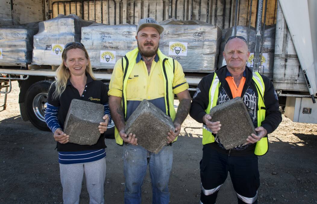 LAPPING UP SUPPORT:  Alison Dawson, Jamie Hobbs and Mick Manderson with some of the lick blocks delivered to Tamworth. Photo: Peter Hardin 250618PHA033
