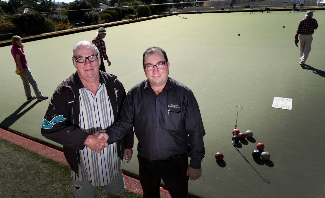 ROLLING FOR SUPPORT: Eddie Luckwell with Werris Creek Bowling Club CEO Gary Roser. Photo: Gareth Gardner 170518GGA002