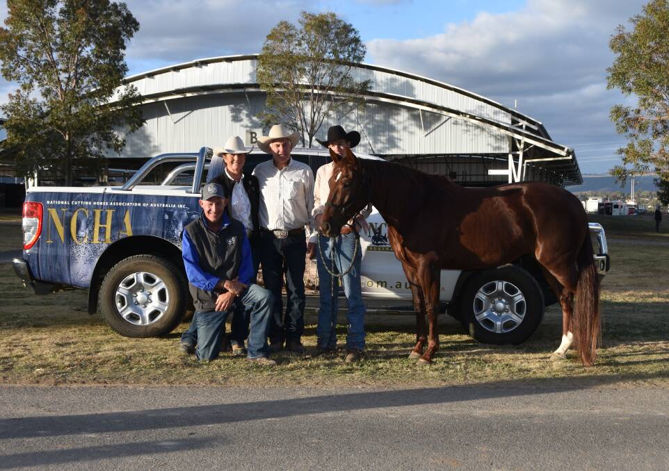 The $58,000 top price mare Smart Lil Turpentine, with purchaser Rodger Grant, Koobah Performance horses, Kingswood, owners Di Bennett and Peter Karger of Turpentine Quarterhorses, Bordertown, SA and trainer Jamie Creek, Jerilderie. 
