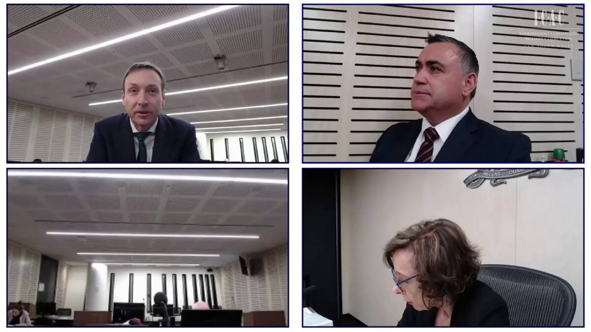 DECISIONS: Counsel assisting ICAC Scott Robertson (top left) questions former NSW deputy premier John Barilaro on Monday about Wagga's major grants.