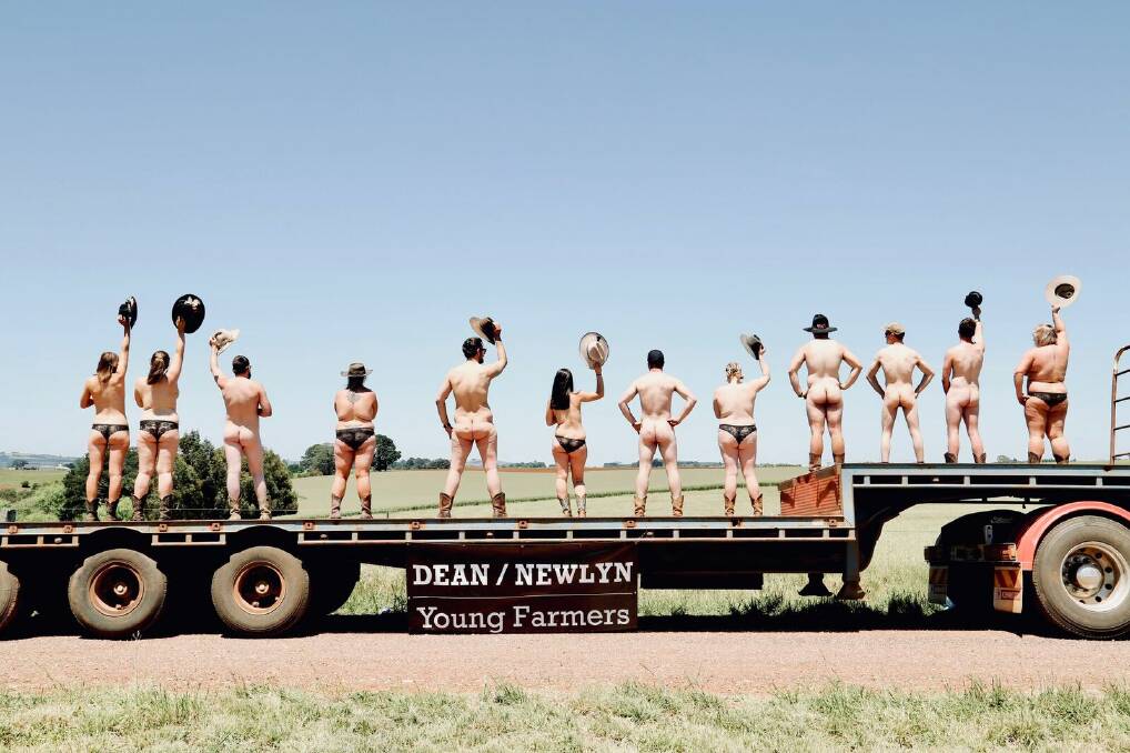 NAKED FARMERS: The font cover of the Dean Newlyn Young Farmers 2019 nude calendar, printed as a fundraiser for the club and drought relief. The concept is inspired by the Naked Farmer, who raises awareness for mental health. Picture: Emma Jane Industry