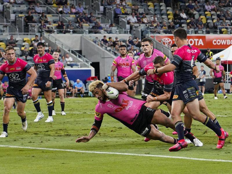 Viliame Kikau scores a try for the Panthers in their 32-12 NRL win over the Cowboys on Friday night.