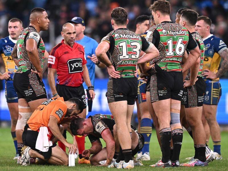 Damien Cook (bottom) was let down by South Sydney players and staff, says coach Jason Demetriou. (Dan Himbrechts/AAP PHOTOS)
