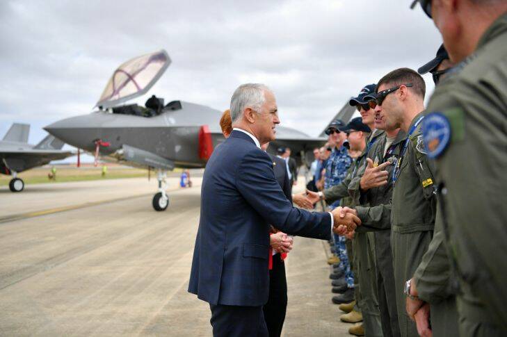 Prime Minister MALCOLM TURNBULL , with Australia's newest warplane, the F-35 Joint Strike Fighter at the   Australian international Air Show at Avalon 2017. 3rd March 2017 Fairfax Media The Age news Picture by Joe Armao