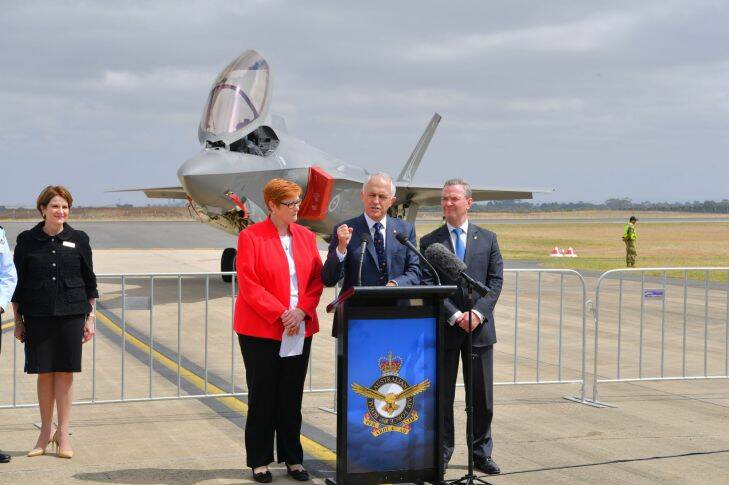 Prime Minister MALCOLM TURNBULL , Minister for Defence, Senator the Hon Marise Payne and Minister for Defence Industry, the Hon Christopher Pyne with Australia's newest warplane, the F-35 Joint Strike Fighter at the   Australian international Air Show at Avalon 2017. 3rd March 2017 Fairfax Media The Age news Picture by Joe Armao