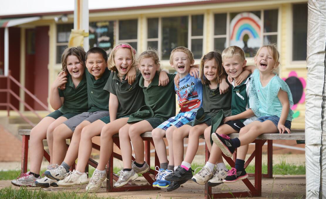 BIG HAPPY FAMILY: The students of Nowendoc Public, from left, Phoebe Laurie (8), Parker Doherty (9), Emily Robards (9), Charlotte Laurie (7), Henry Petrie (7), Amy Laurie (6), Nicholas Robards (7) and Jenna-Rose Petrie (6). Photo: Barry Smith 120315BSA06