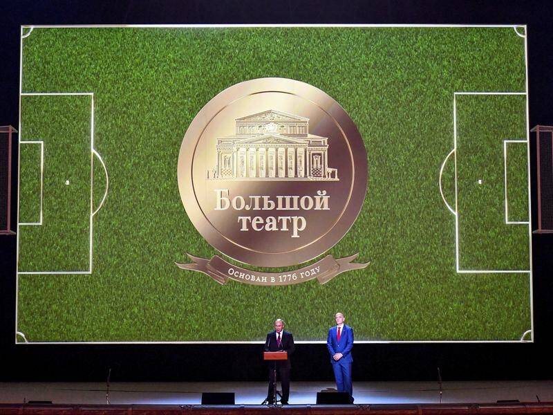 Russian President Vladimir Putin, left, and FIFA President Gianni Infantino at the Bolshoi Theater.